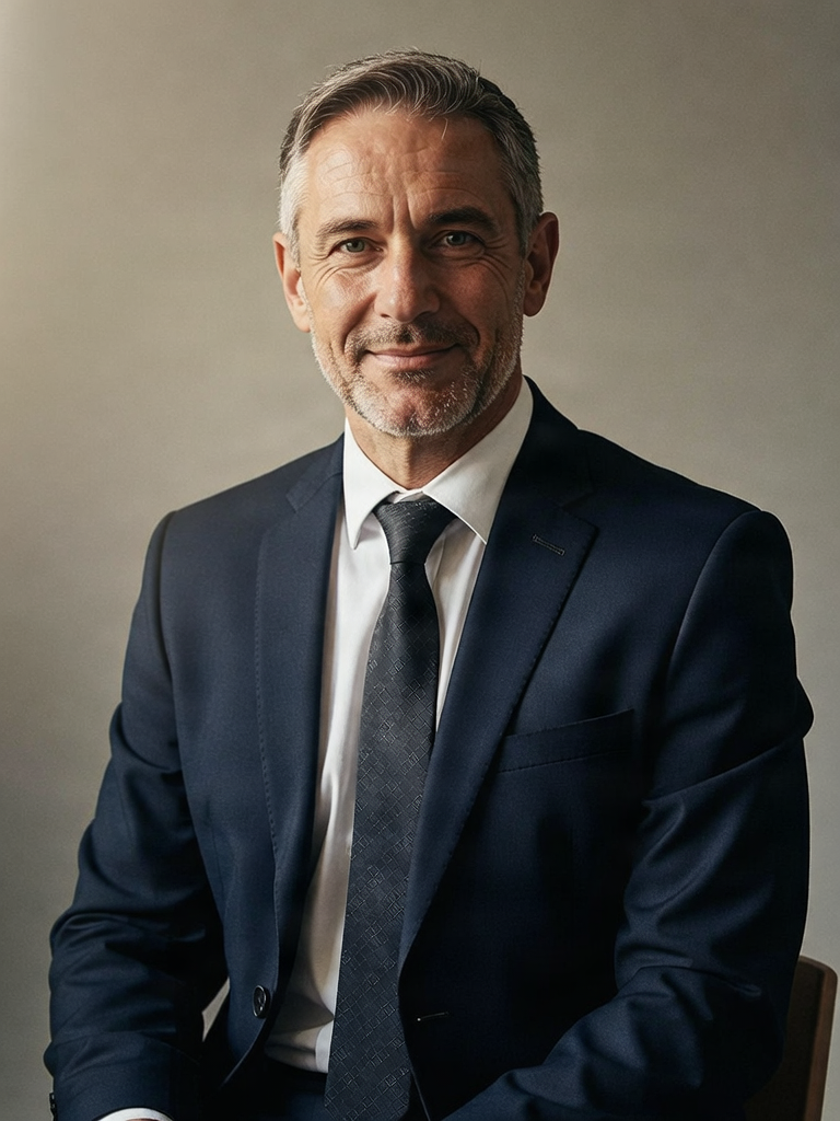 Professional portrait of a confident lawyer in a dark suit, neutral background.